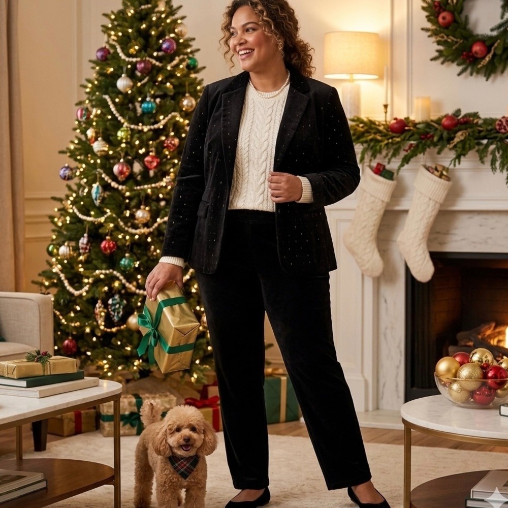 Talbots Plus Women 2X Black Velour Knit Straight Leg Elastic Waist Pants Holiday